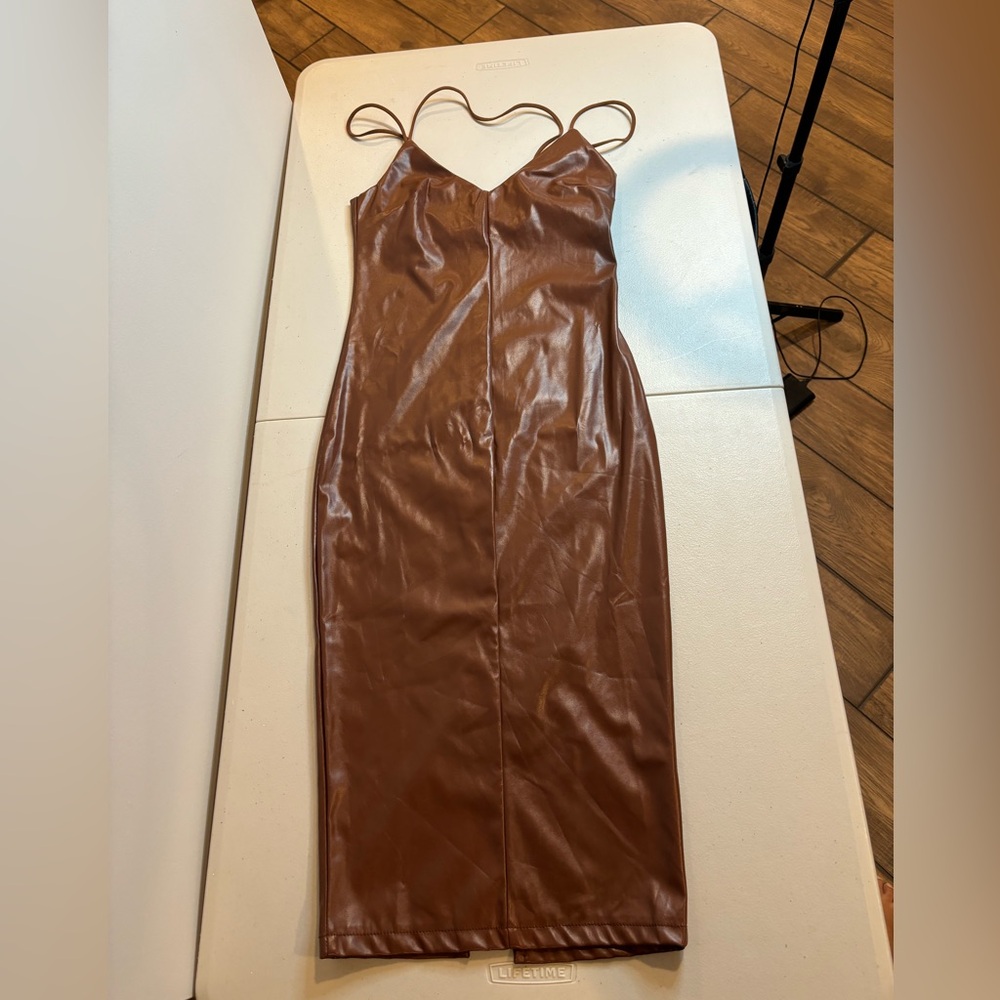 Brown Faux Leather Midi Slip Dress - Brand Unspecified